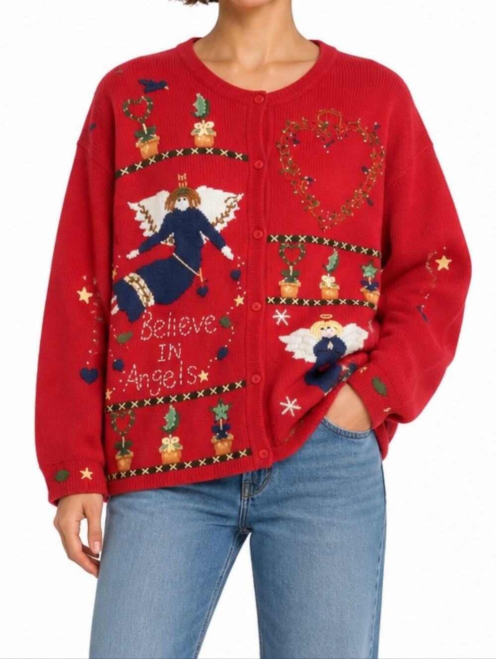Quacker Factory Women 2X Red Believe in Angels Christmas Cardigan Sweater